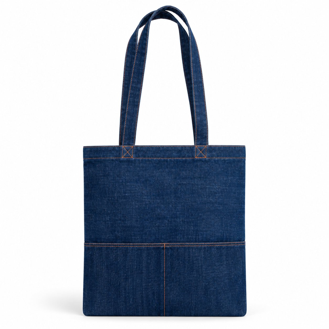 Tote bag de mezclilla con dos bolsillos frontales.